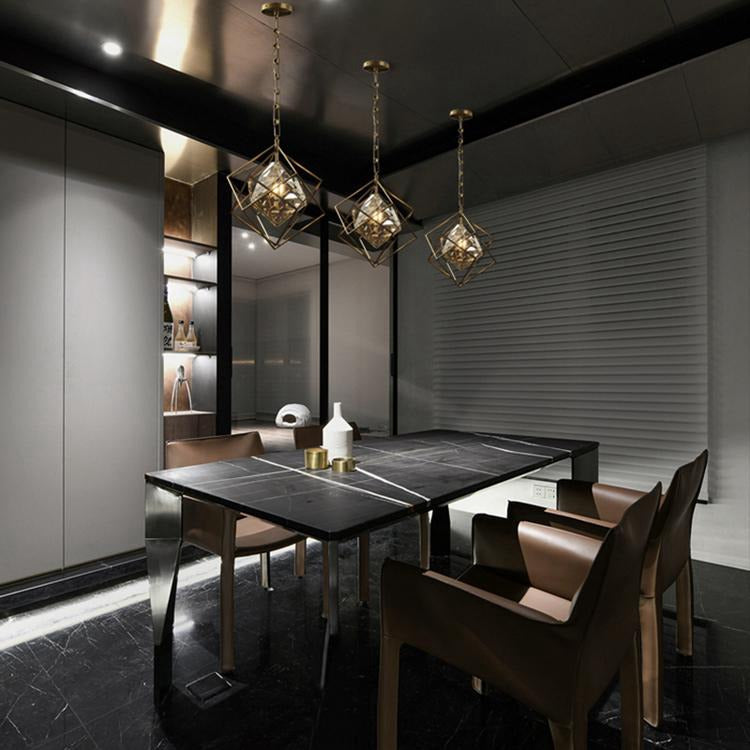 Vintage Brass Tesseract Crystal Pendant Light
