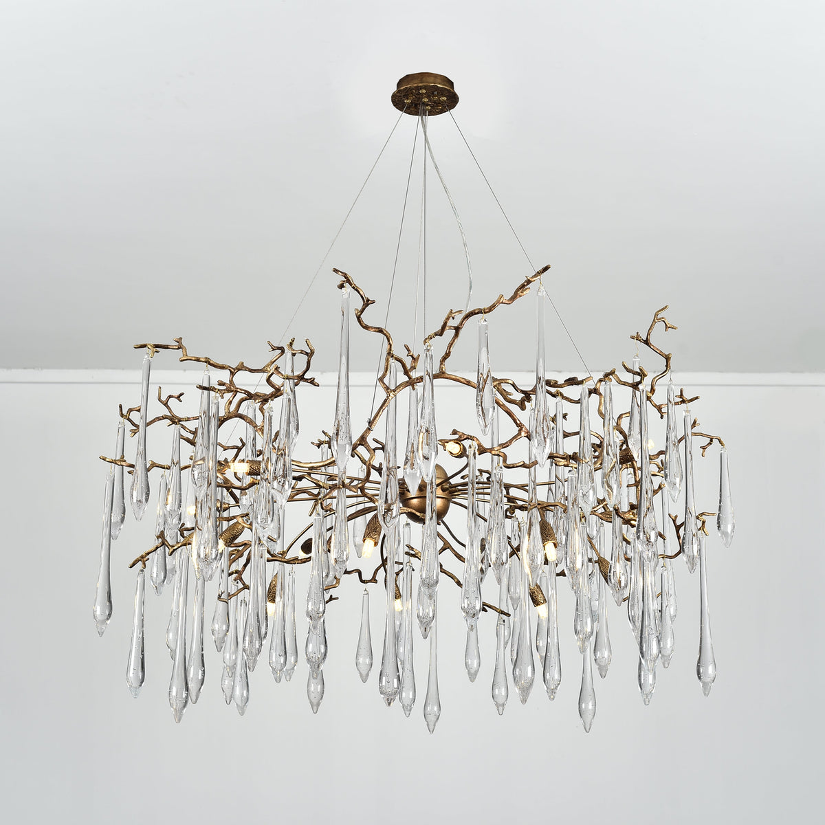 Branching Brass Extended Teardrop Round Chandelier
