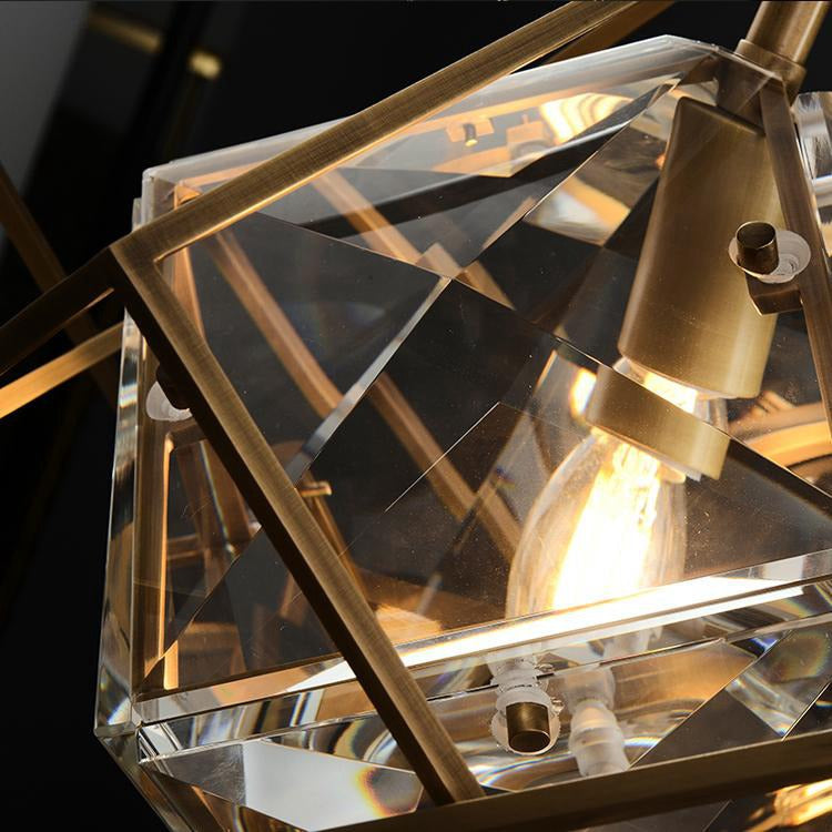 Vintage Brass Tesseract Crystal Pendant Light
