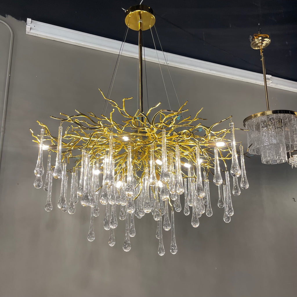 Branching Brass Round Teardrop Chandelier