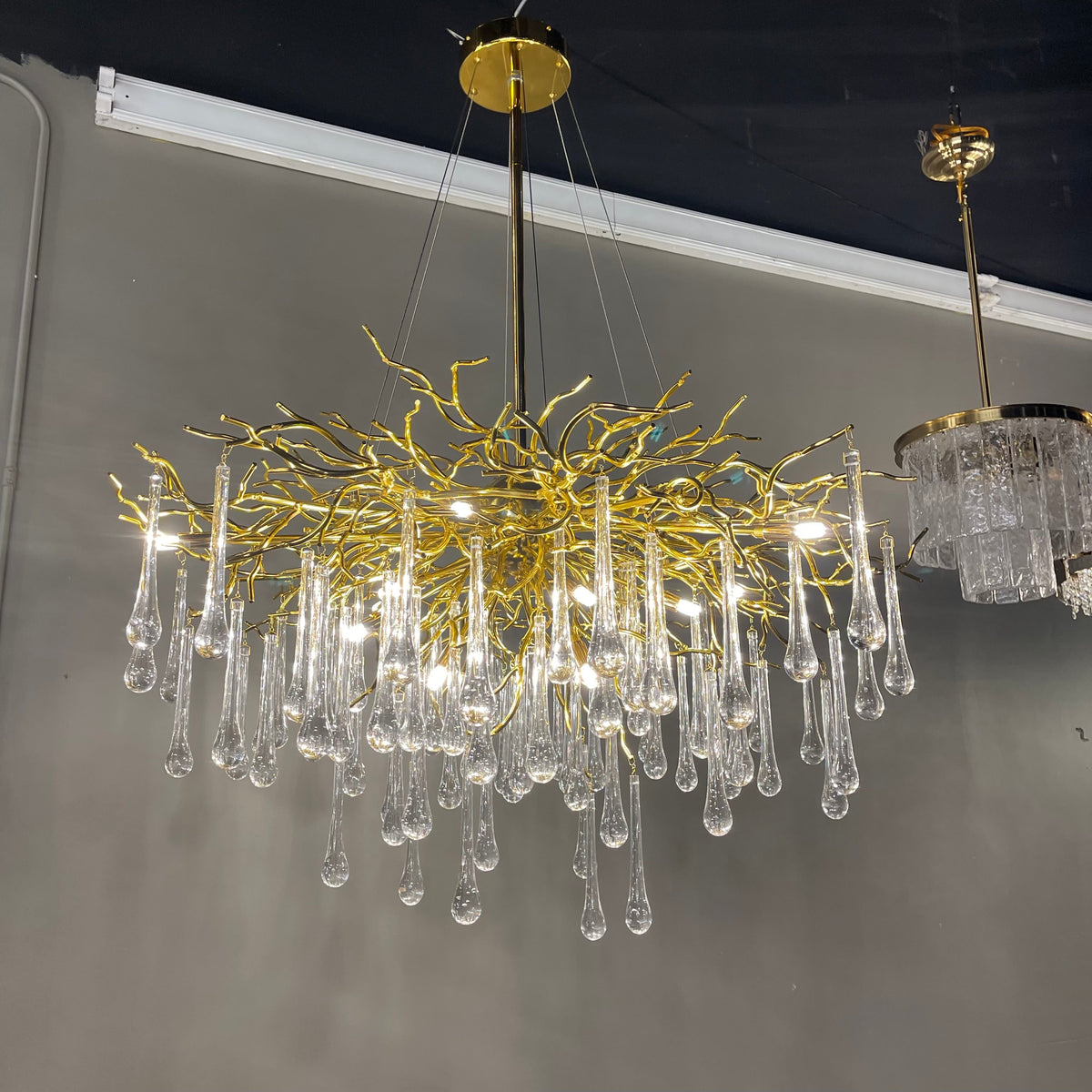 Branching Brass Round Teardrop Chandelier