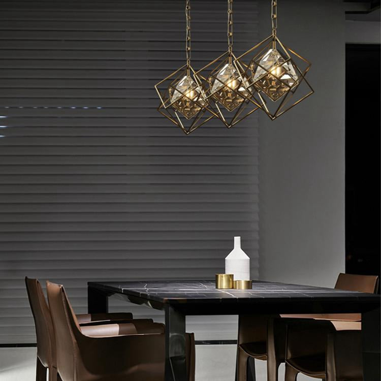 Vintage Brass Tesseract Crystal Pendant Light