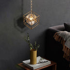 Vintage Brass Tesseract Crystal Pendant Light