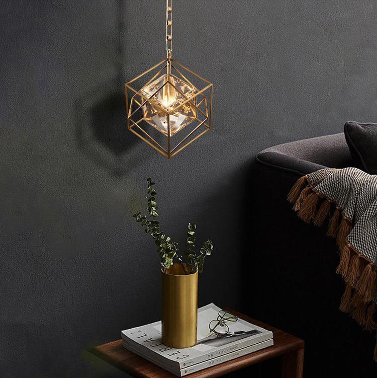 Vintage Brass Tesseract Crystal Pendant Light