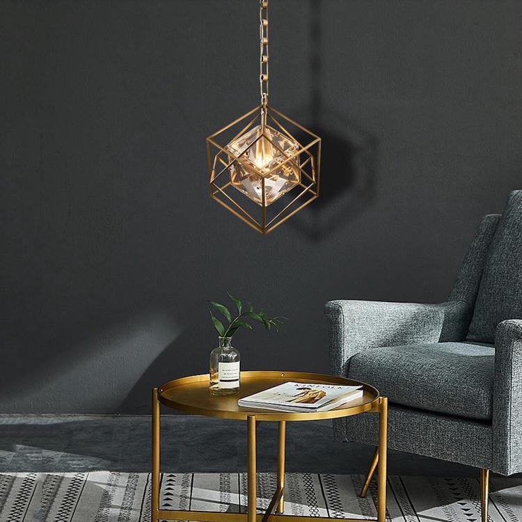 Vintage Brass Tesseract Crystal Pendant Light