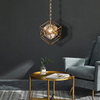 Vintage Brass Tesseract Crystal Pendant Light