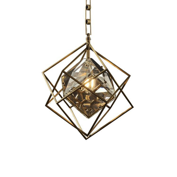Vintage Brass Tesseract Crystal Pendant Light