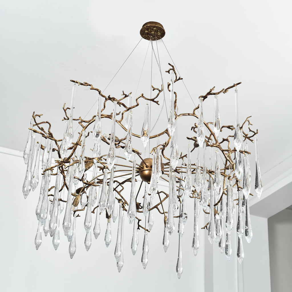Branching Brass Extended Teardrop Round Chandelier